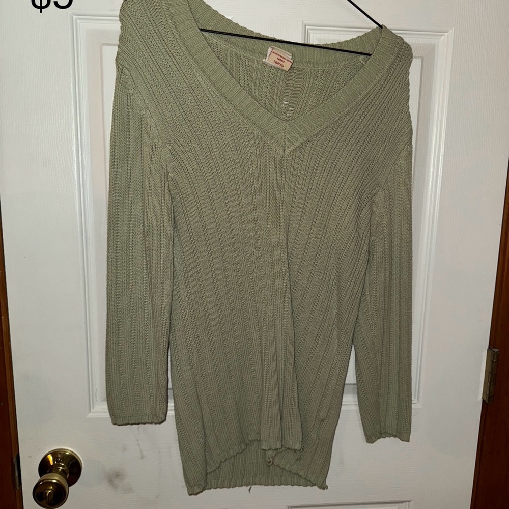 Faded Glory Green V-Neck Sweater Lightweight Knit